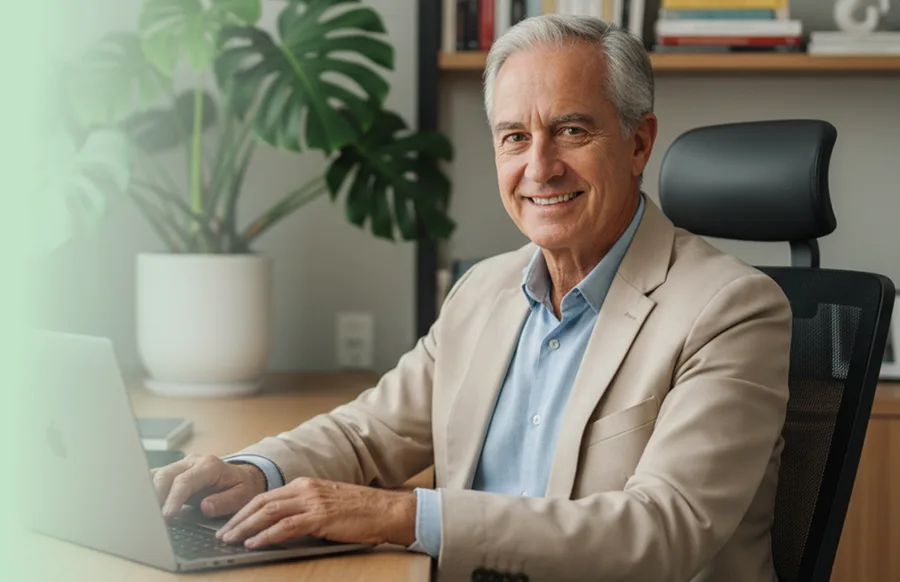 Profissional com mais de 60 anos estudando no computador